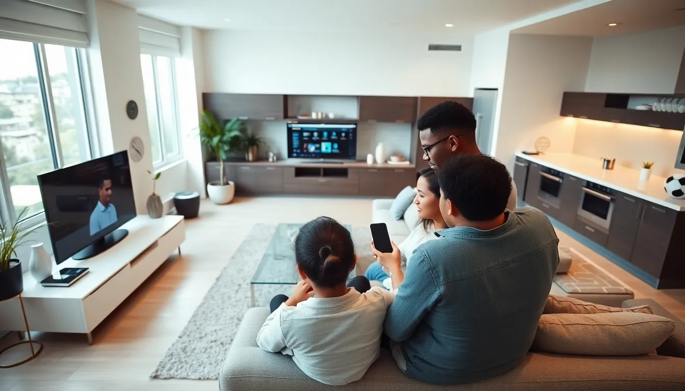 family enjoying smart living in a modern living room.