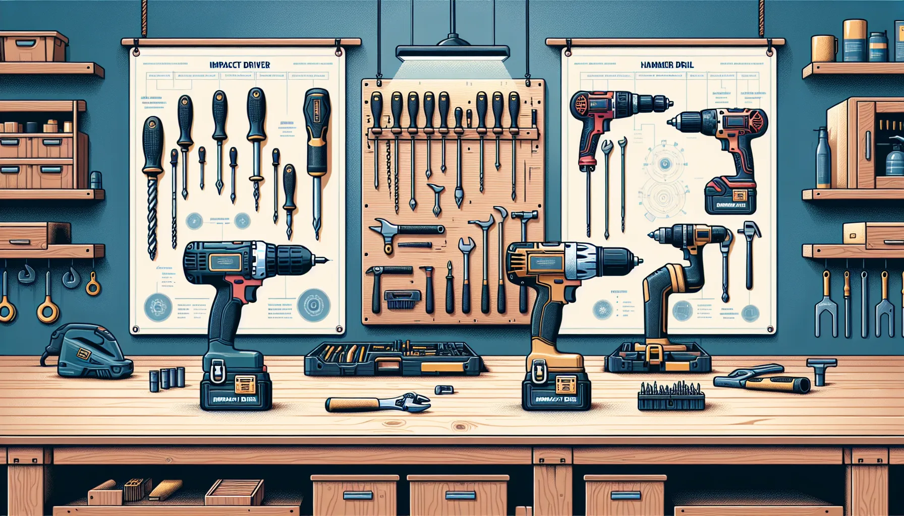 A side-by-side display of an impact driver and a hammer drill in a workshop.