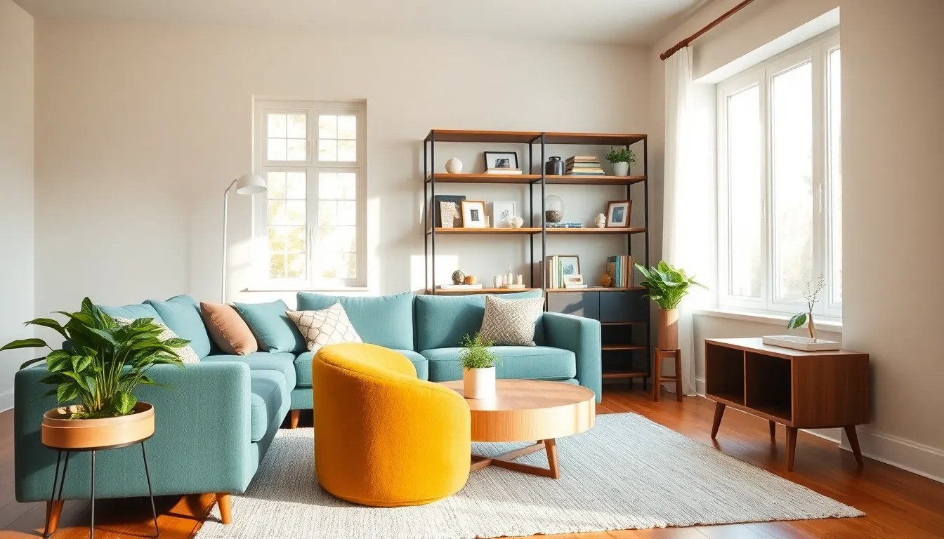 a stylish living room featuring a chic teal sofa and a mustard accent chair.