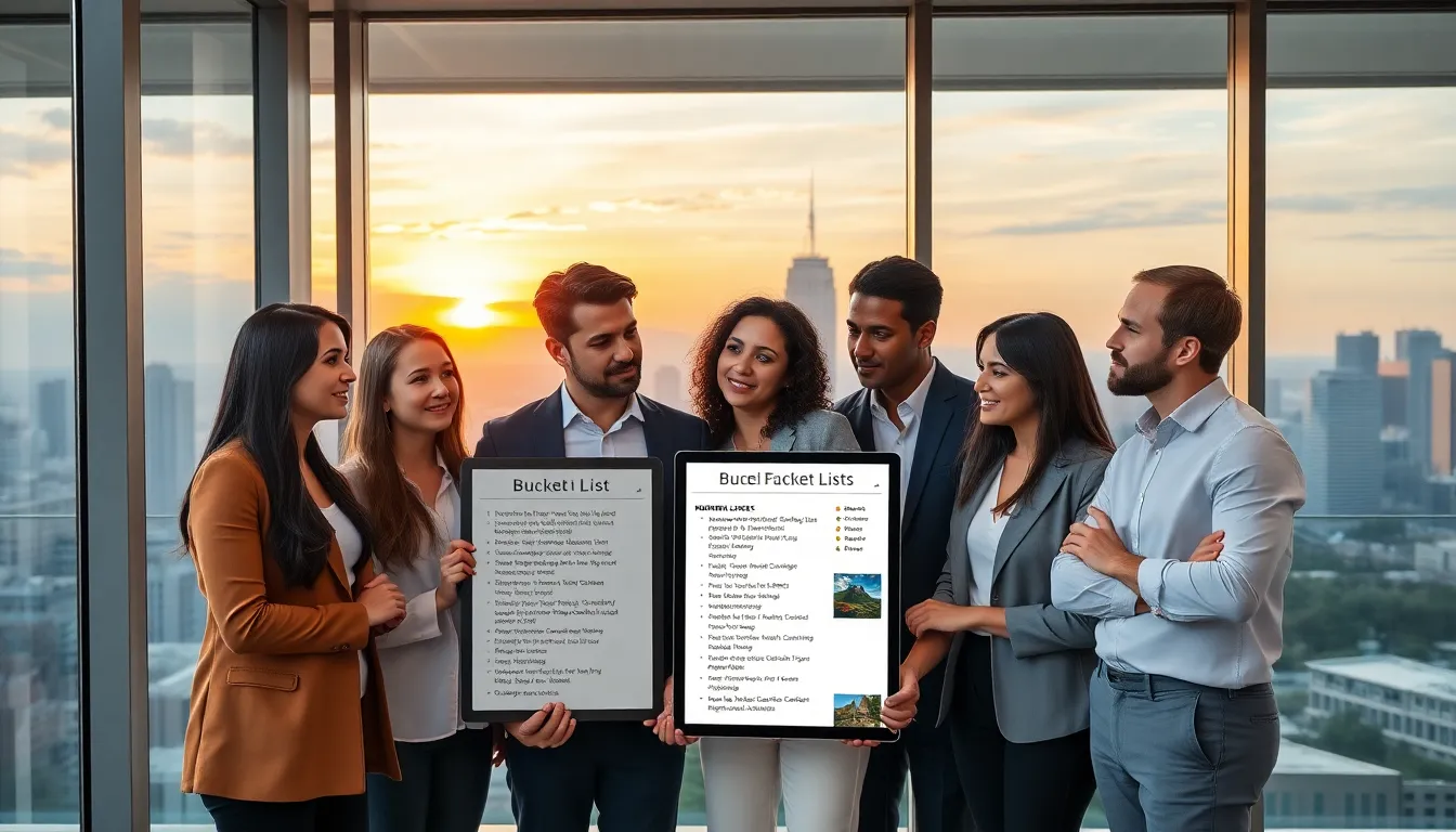 professionals discussing bucket list travel destinations in a modern office.