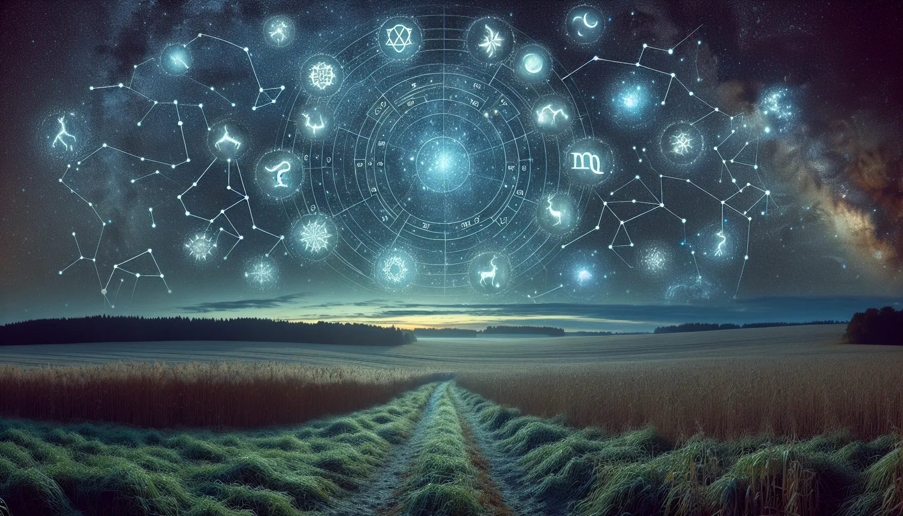 A depiction of zodiac constellations within a starry night sky.