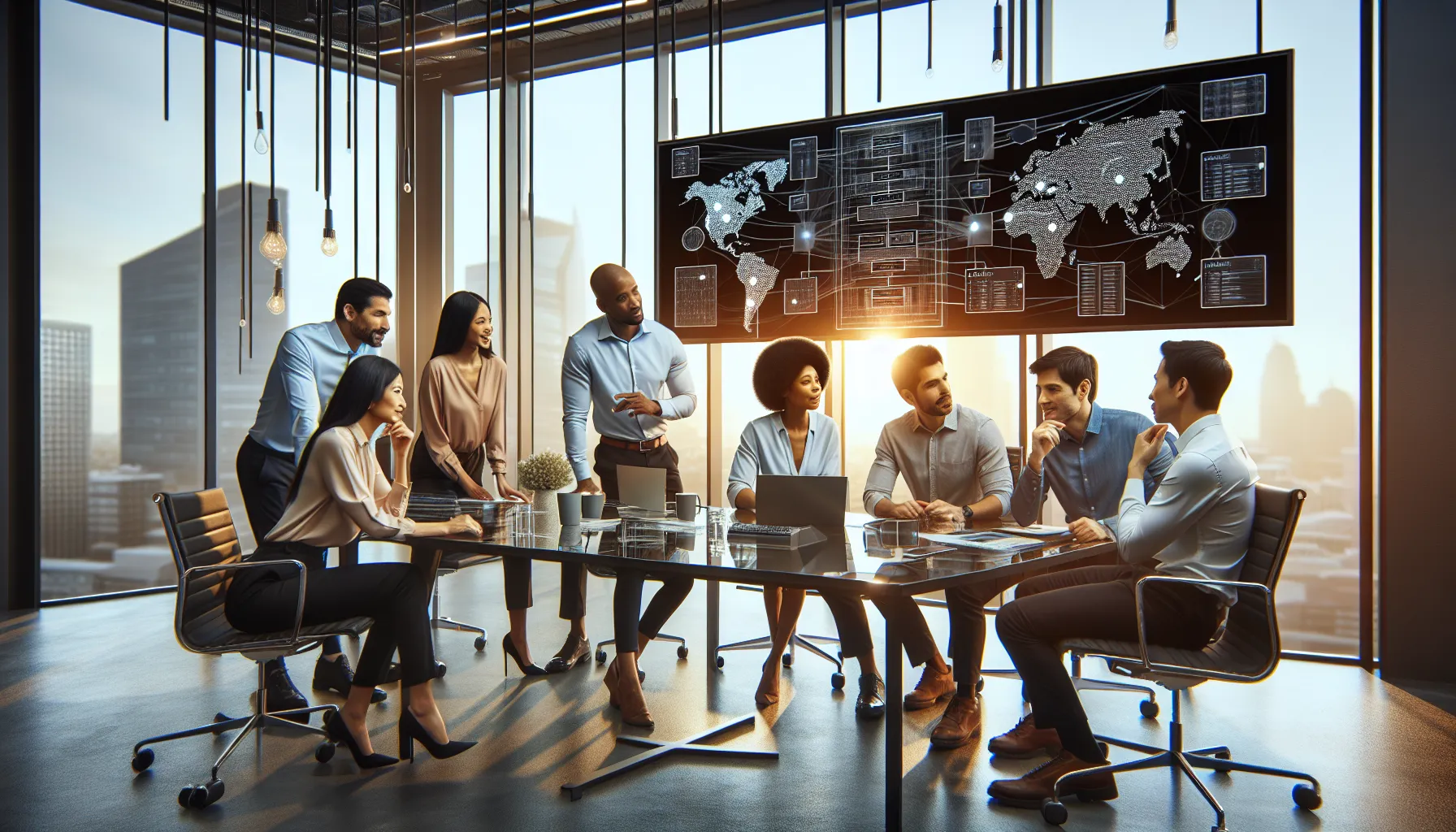 IT professionals discussing subnetting concepts in a modern office.