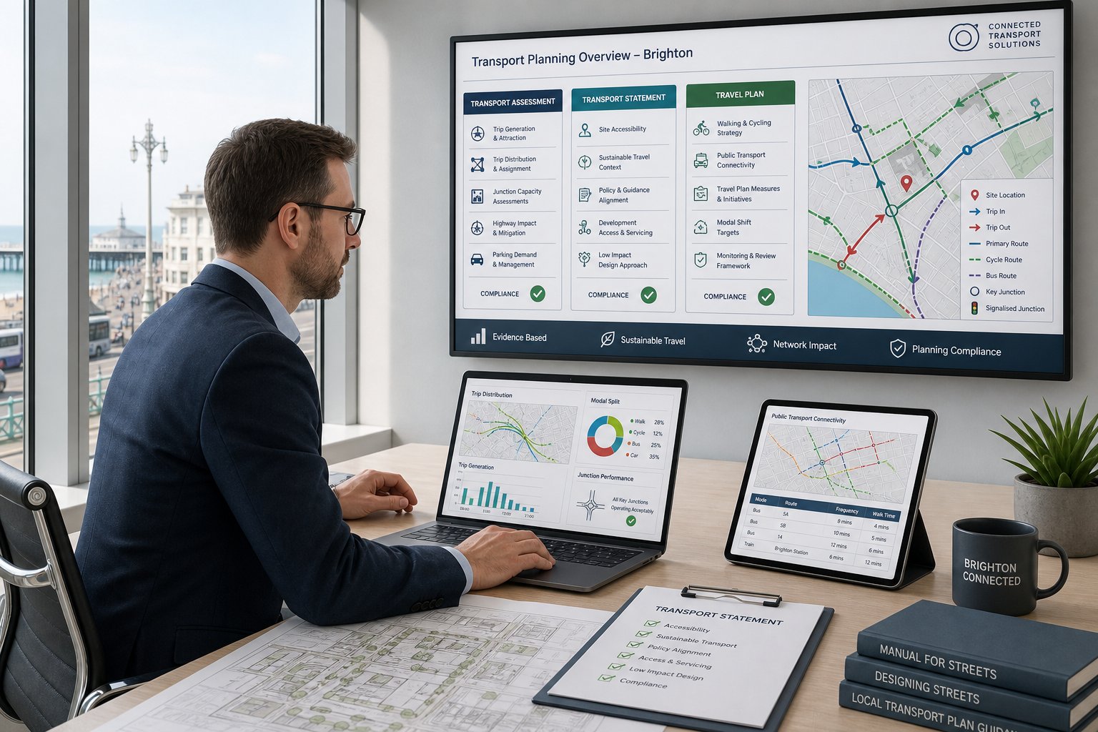Traffic engineer reviewing transport plans and travel data in a modern Brighton office.