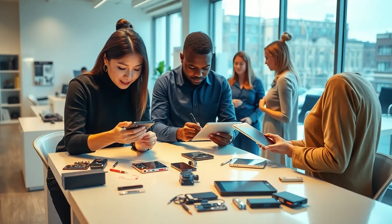 professionals repairing electronics in a modern workspace.