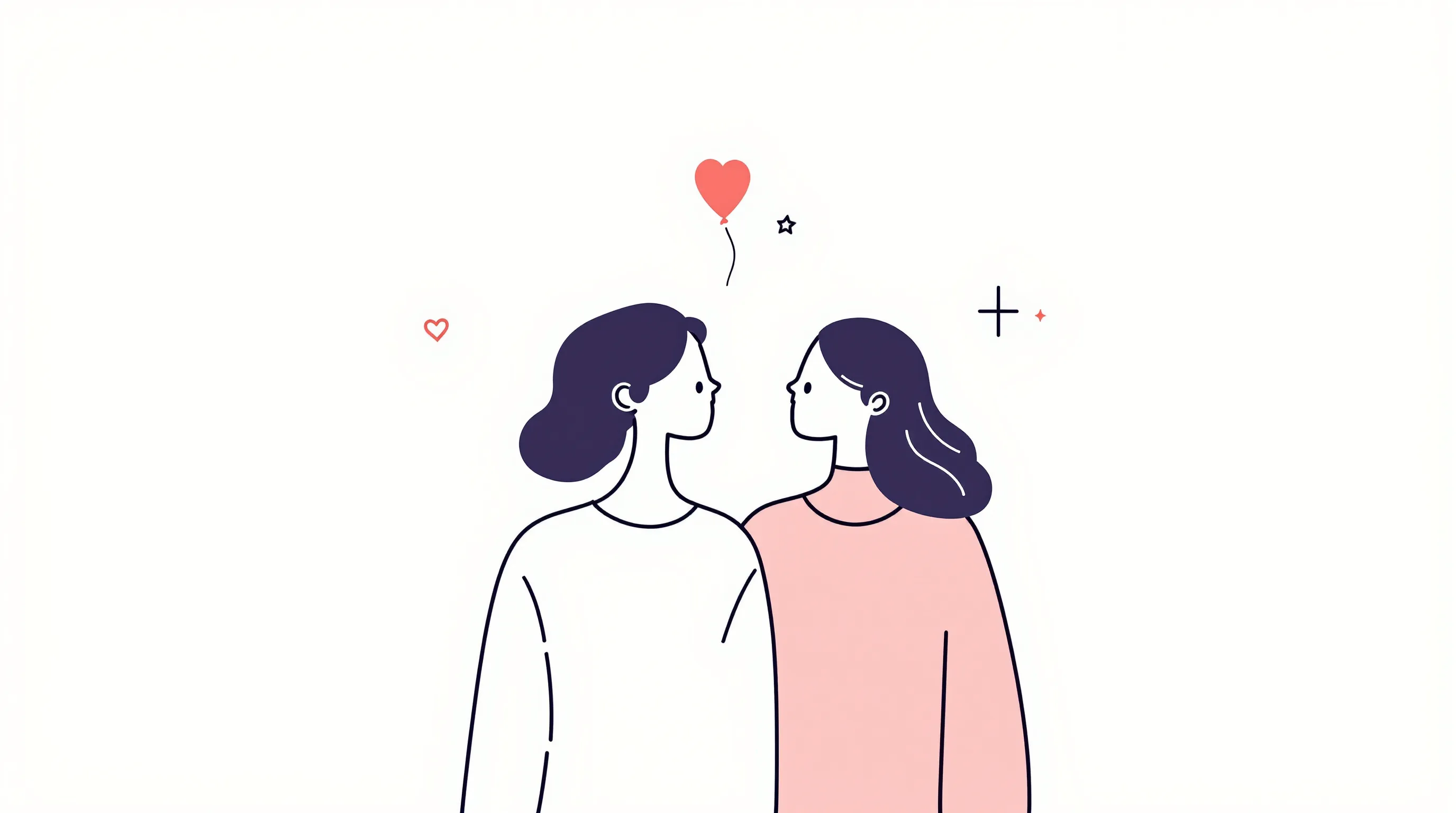 Two simplified female silhouettes standing close together with minimalist celebration icons.