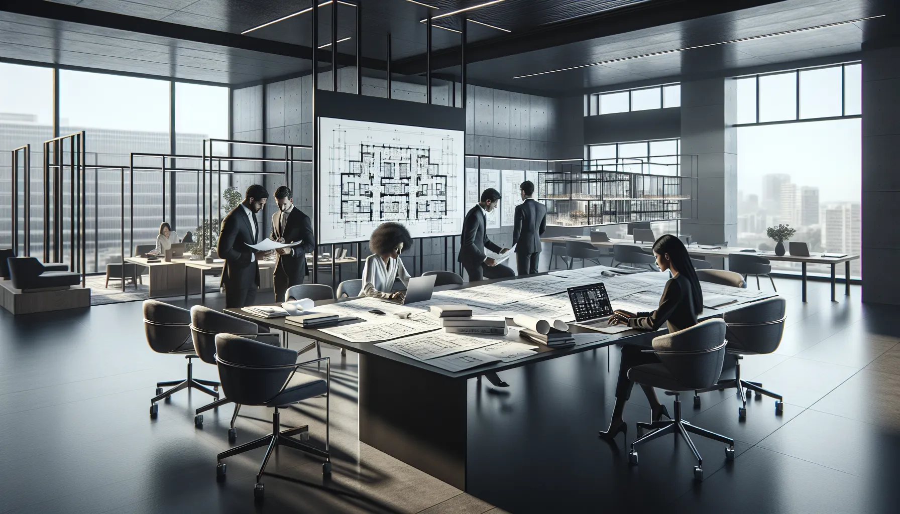 diverse design team collaborating on architectural plans in a modern office.