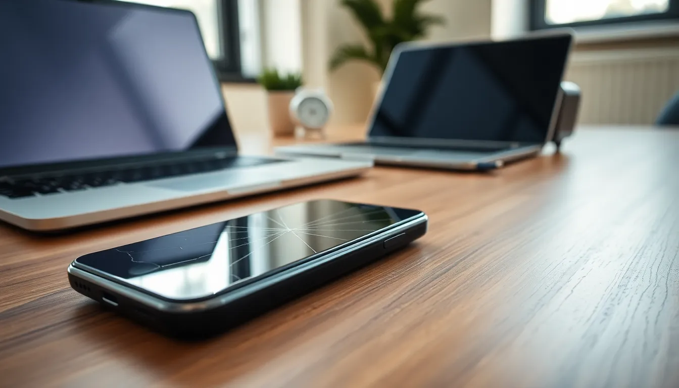 cracked smartphone on a modern desk in a bright office.