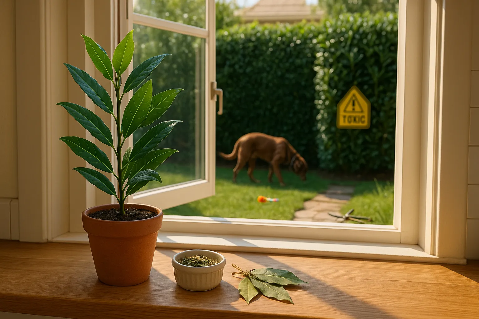 potted bay laurel on windowsill; cherry laurel hedge and toxic warning sign outside