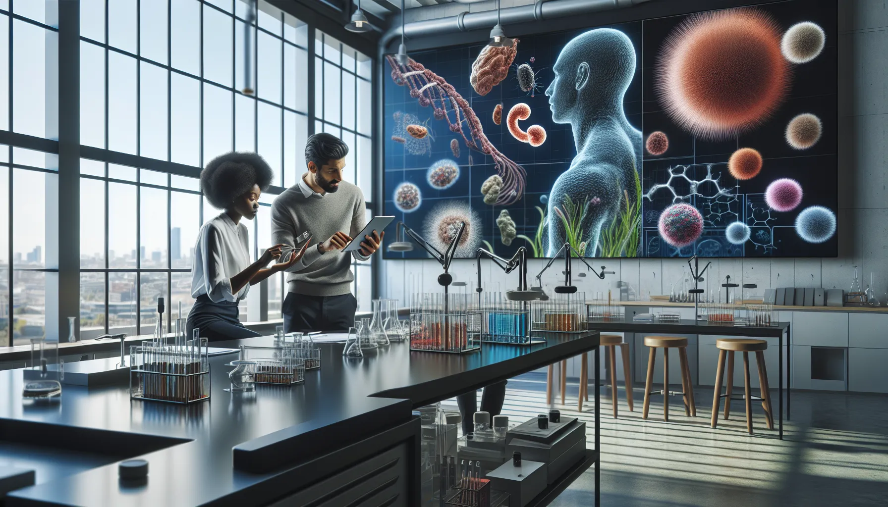 diverse team discussing pertostrums in a modern laboratory.