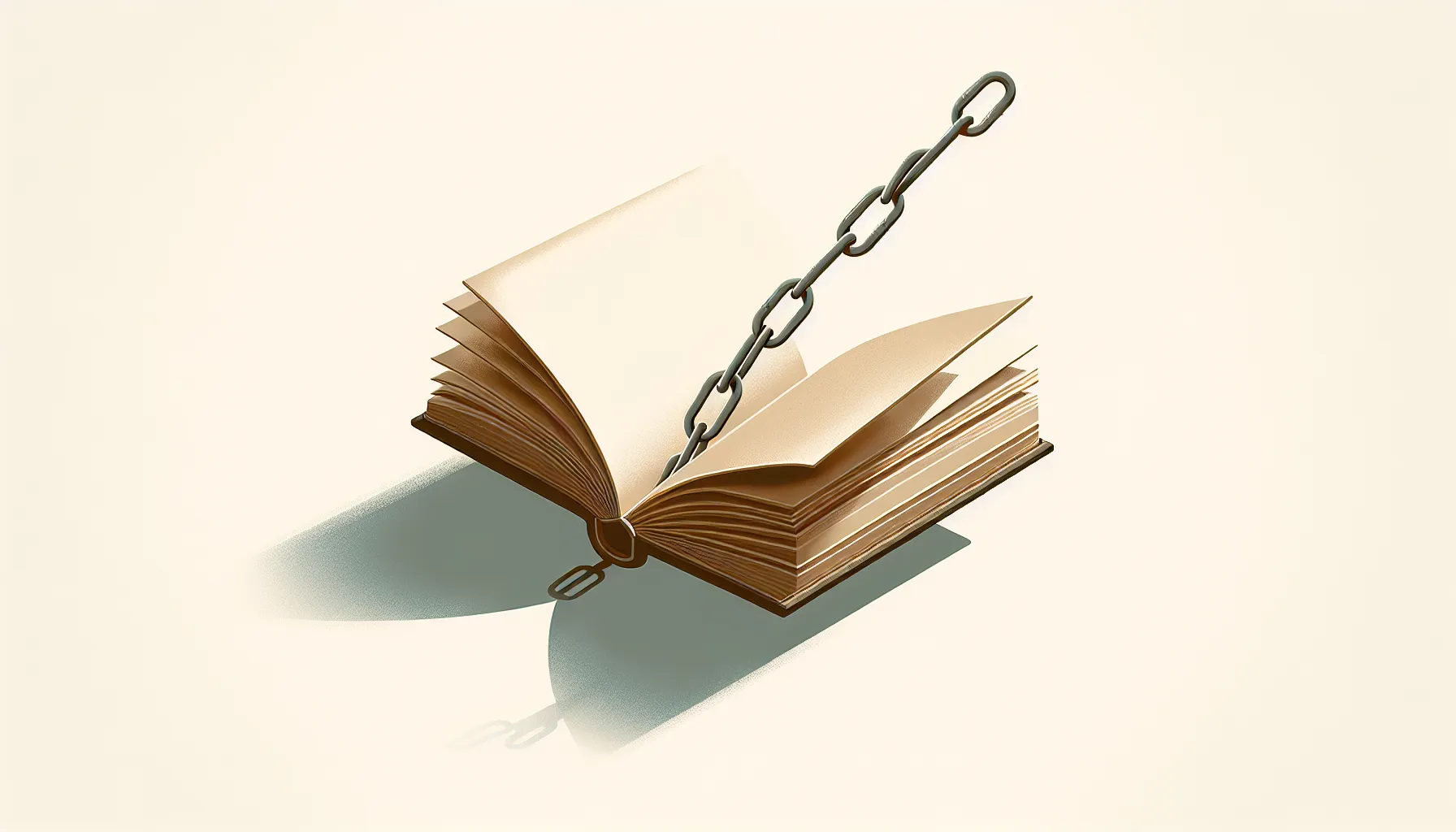 Open book with broken chain link floating above on white background.