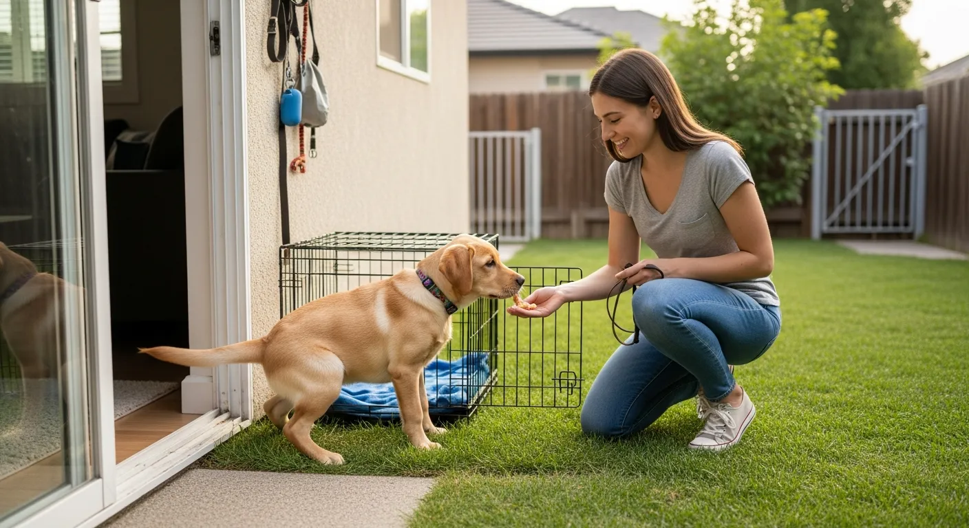 Woman rewards puppy for peeing on grass outside suburban home.