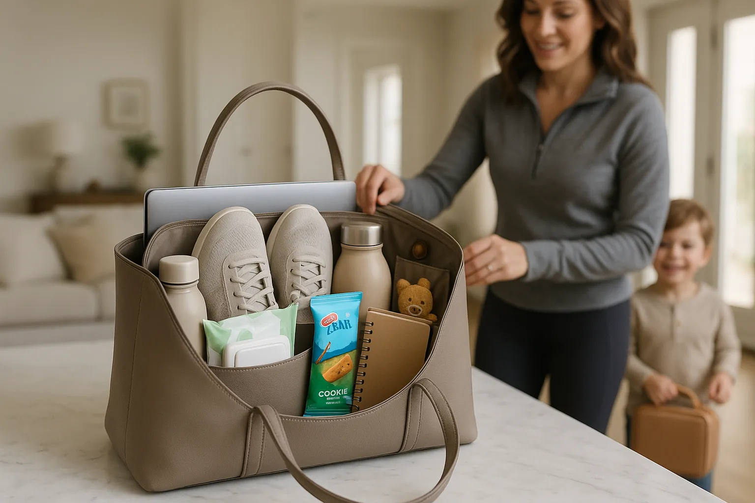 A large tote bag full of daily essentials on a modern kitchen counter.