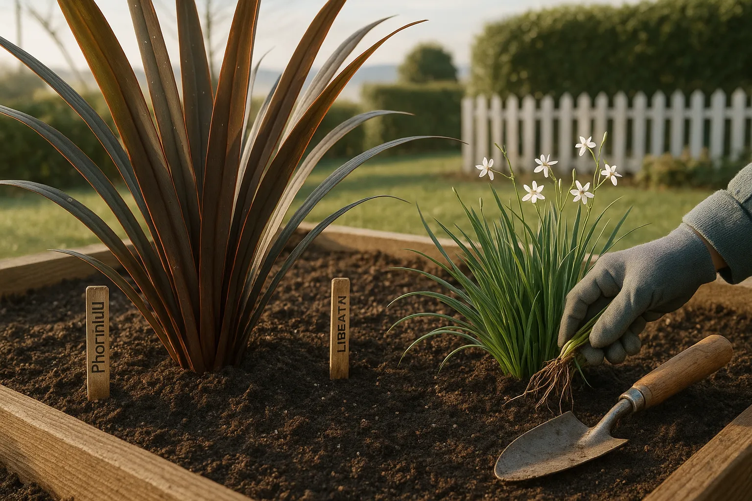 Phormium with sword leaves beside low Libertia with white star flowers.