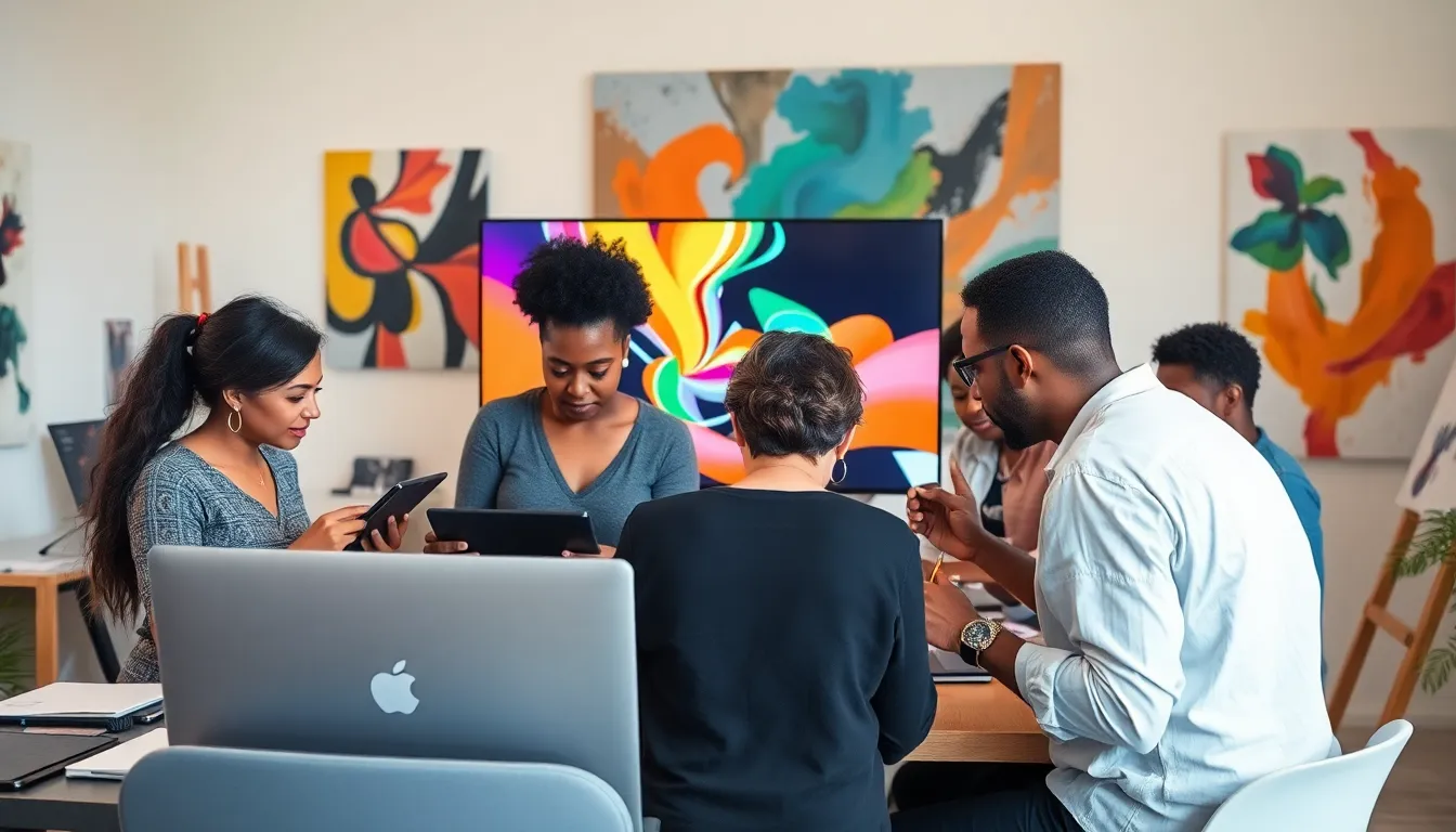 diverse artists collaborating in a modern digital workspace.