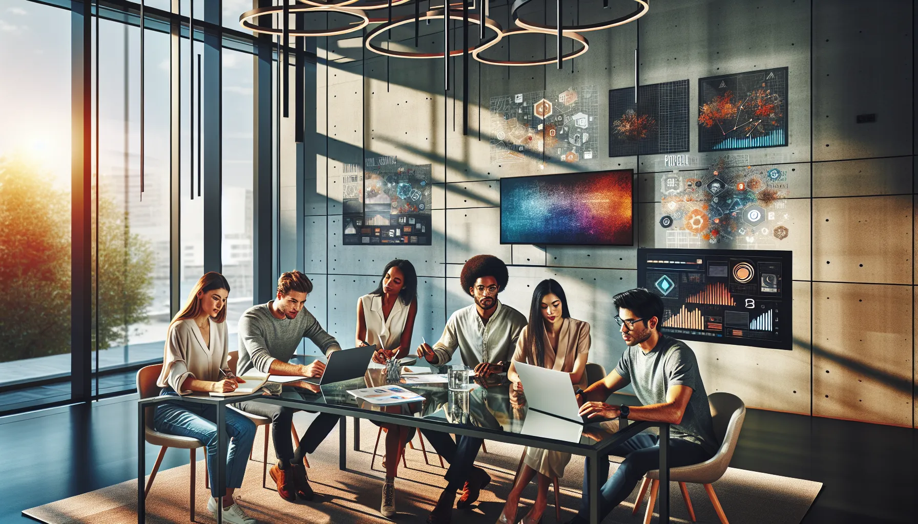 Creative team discussing future projects in a modern office.