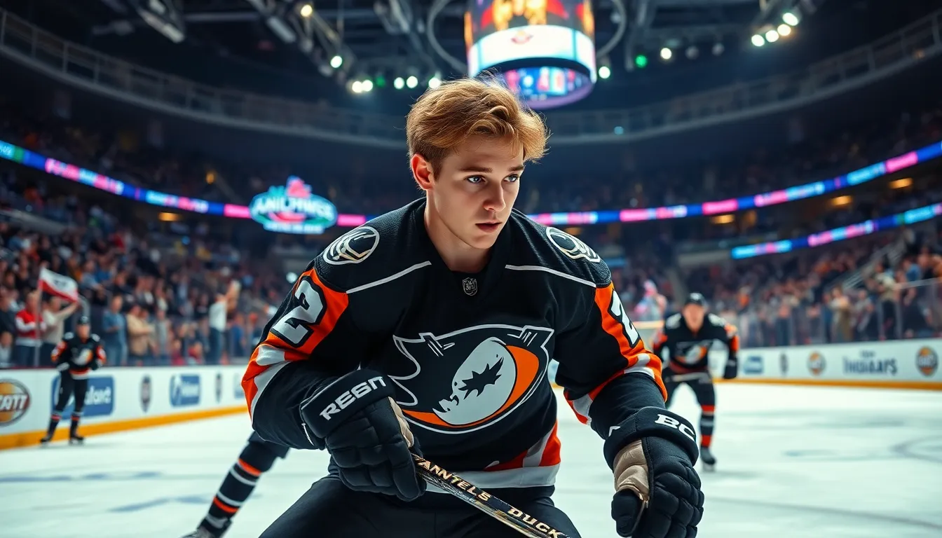 Trevor Zegras making a play on the ice during an NHL game.