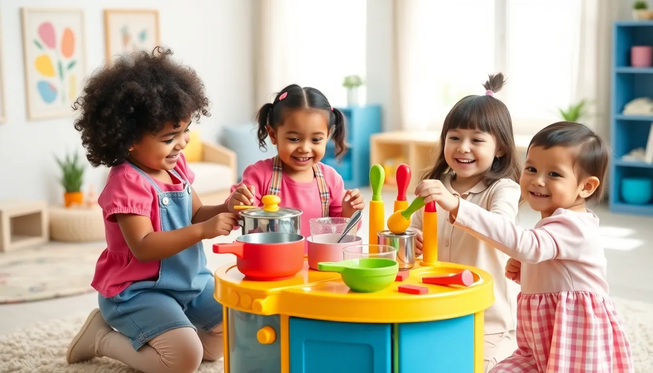 three toddlers joyfully playing with a colorful kitchen play set.