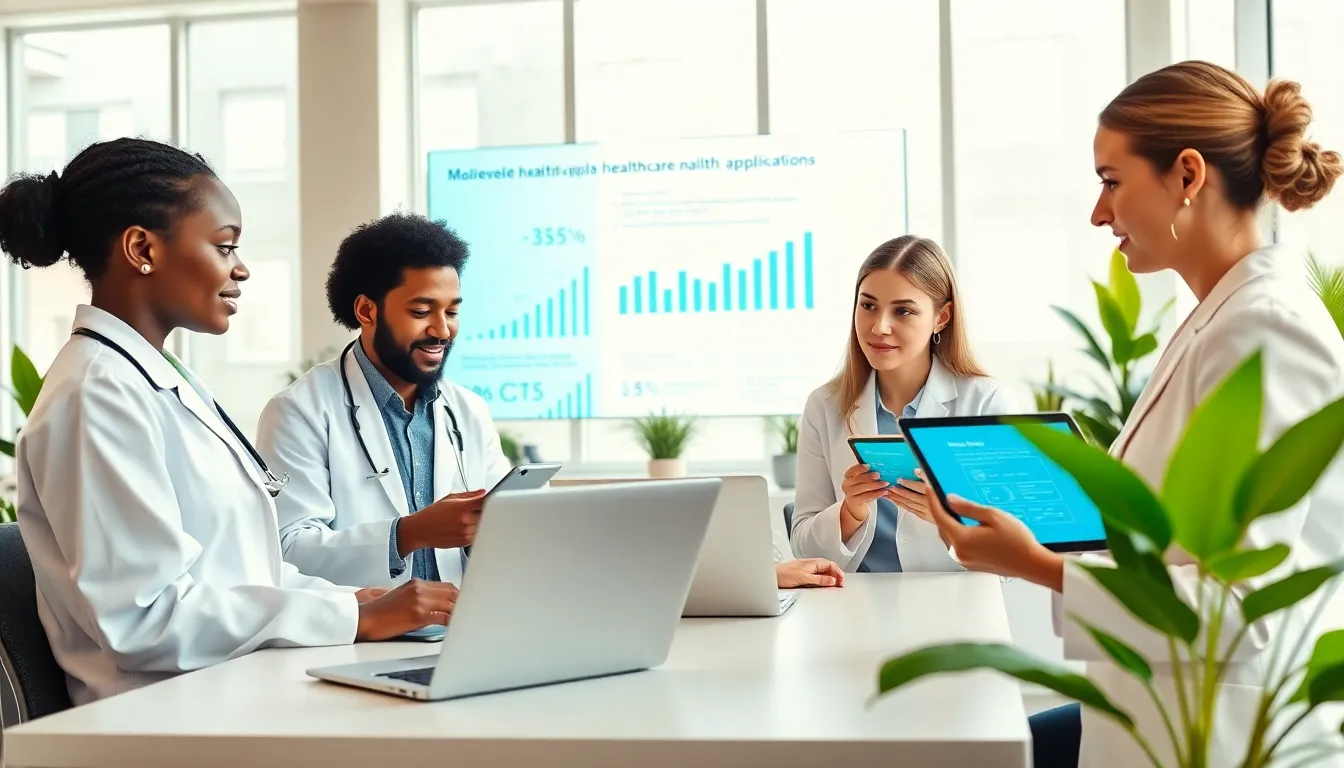 diverse team discussing mobile health applications in a modern office.