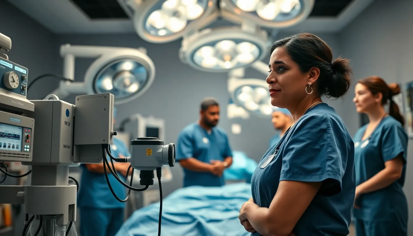 CRNA monitoring anesthesia in a modern surgical room with a diverse team.