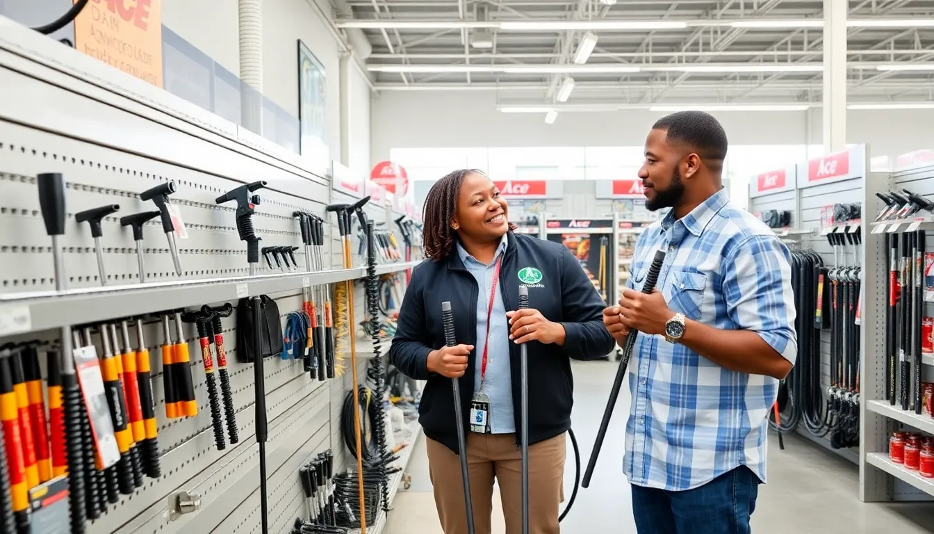 Ace Hardware staff assisting customers with drain snakes in a well-lit aisle.
