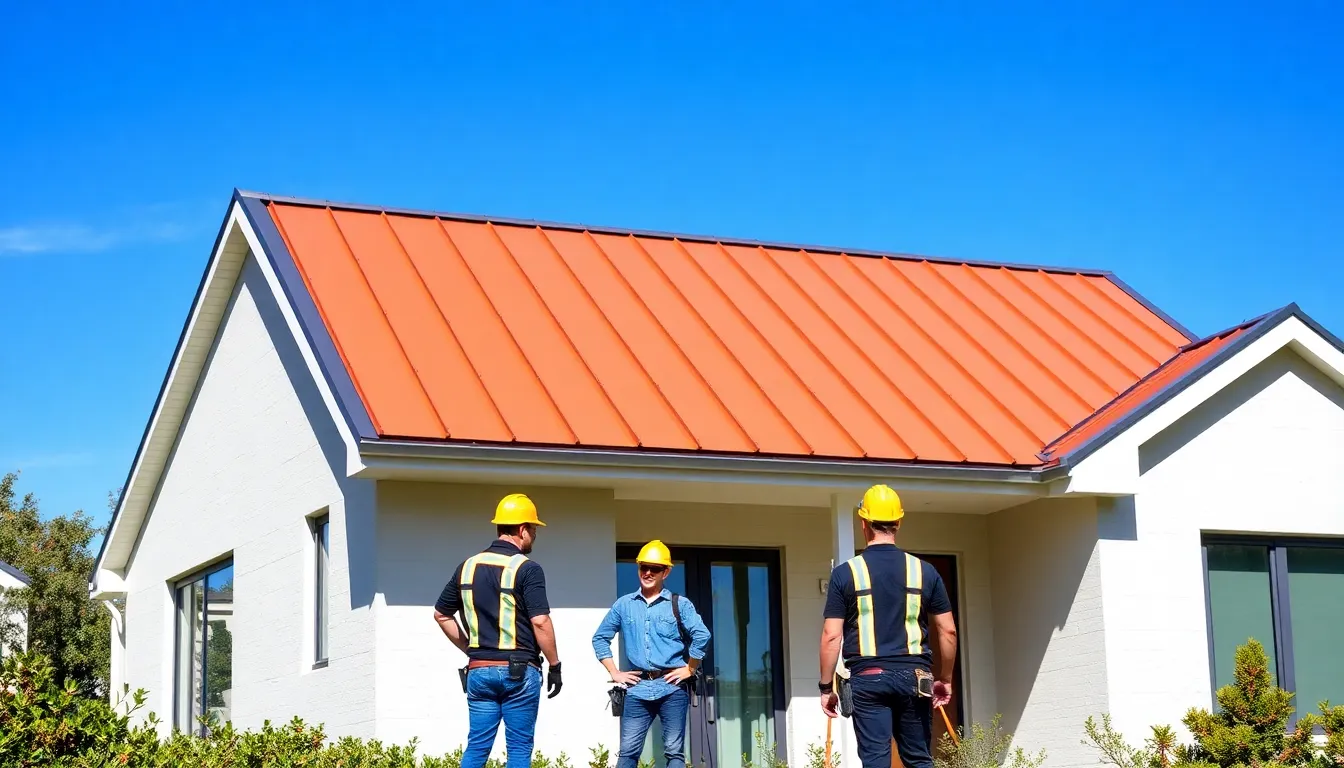 diverse team inspecting a newly installed vinyl roof on a modern house.