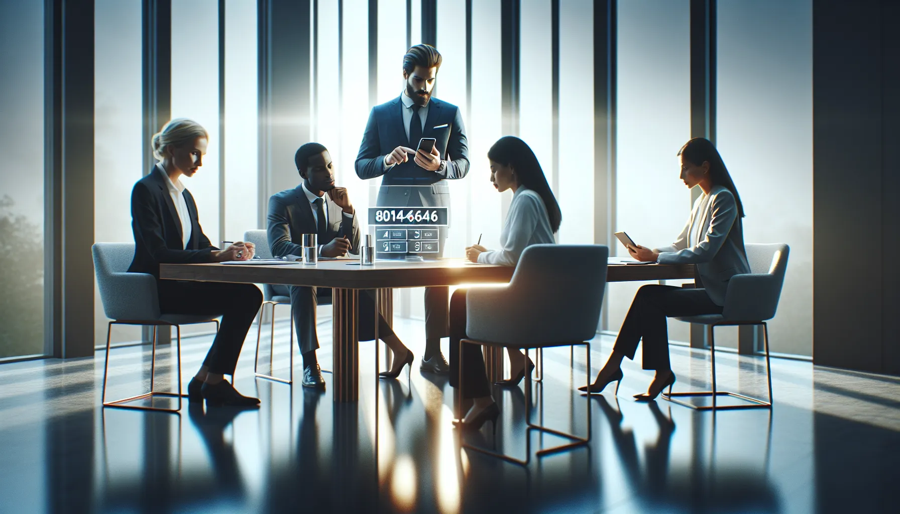business professionals discussing concerns about phone scams in a modern office.