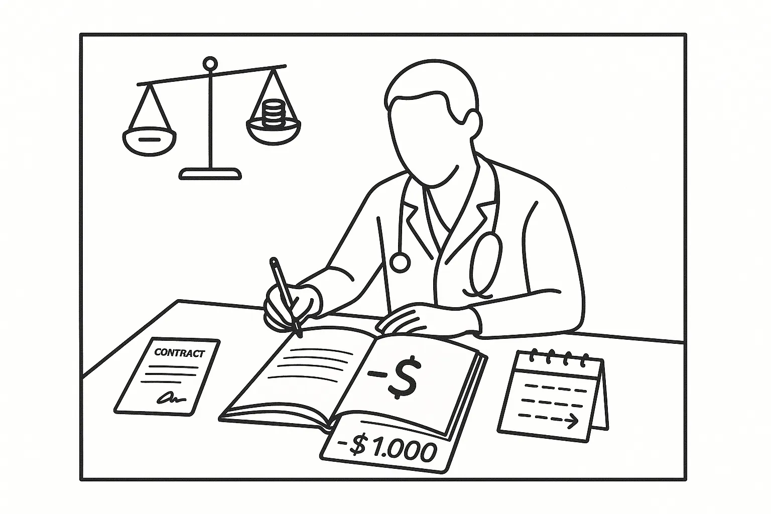 Veterinarian reviewing a compensation ledger with a negative balance and reconciliation calendar.