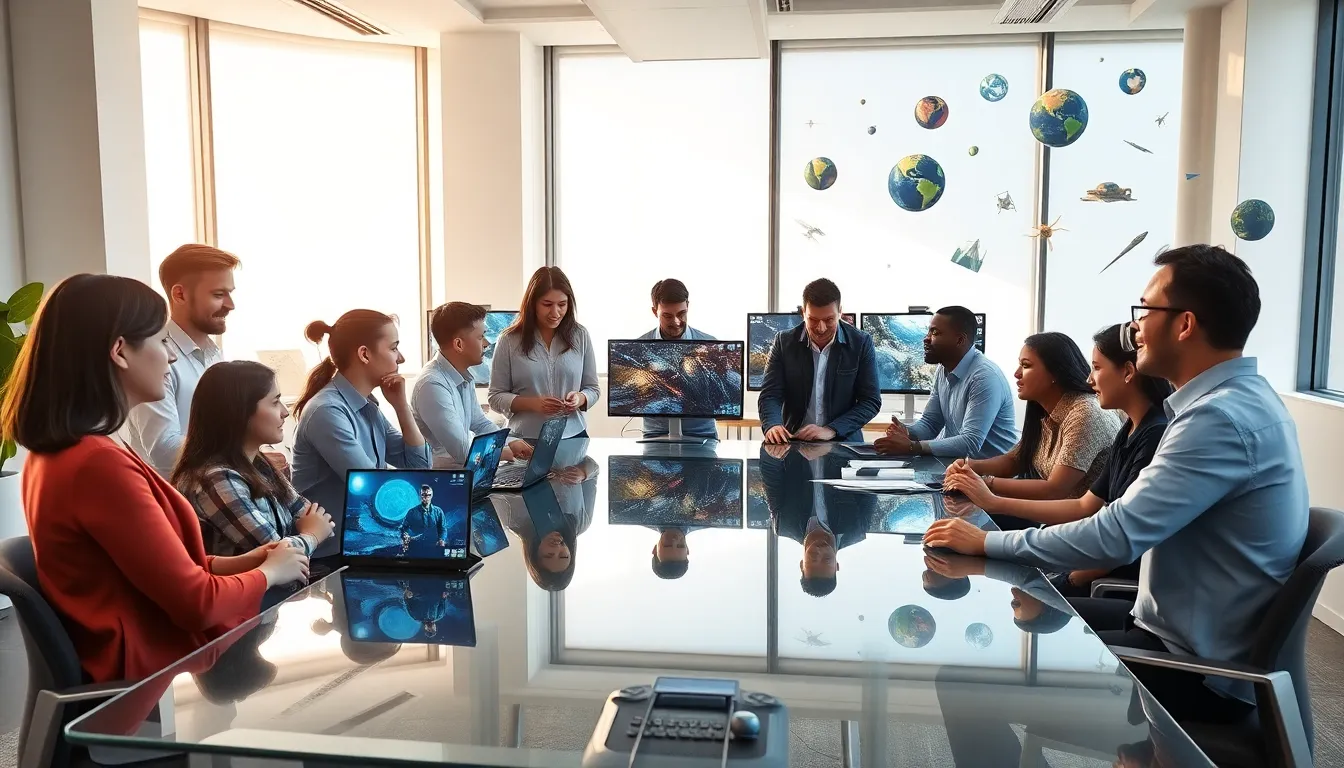 diverse team collaborating on game development in a modern office.