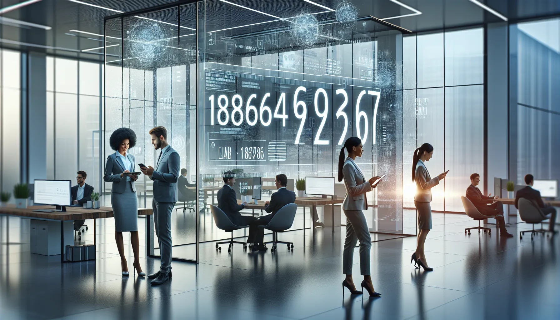 team discussing in a modern telecom office with a digital display.