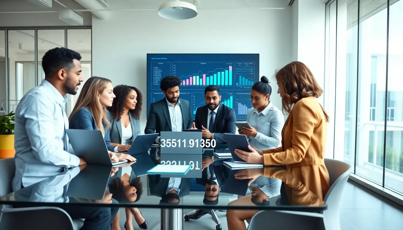diverse professionals discussing data analysis in a modern office.