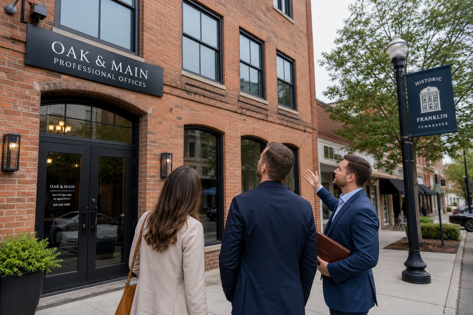 Commercial mortgage broker and clients outside a brick office building on a Blackburn street.