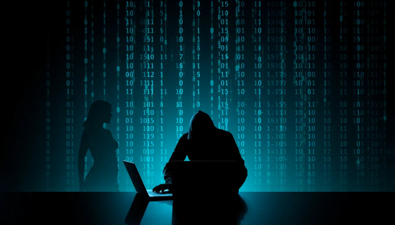 stylized hacker silhouette amidst digital privacy breach imagery.