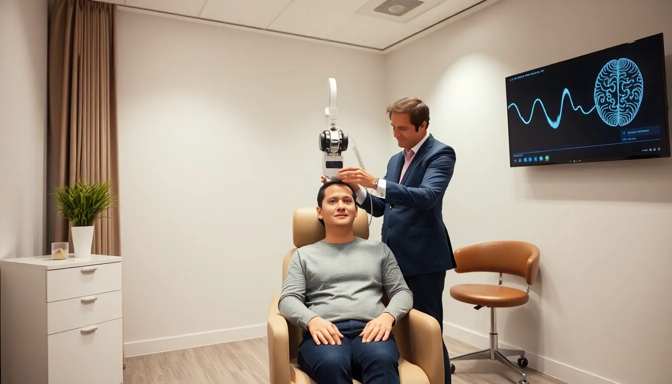 Technician preparing TMS device for patient in a modern Australian clinic.