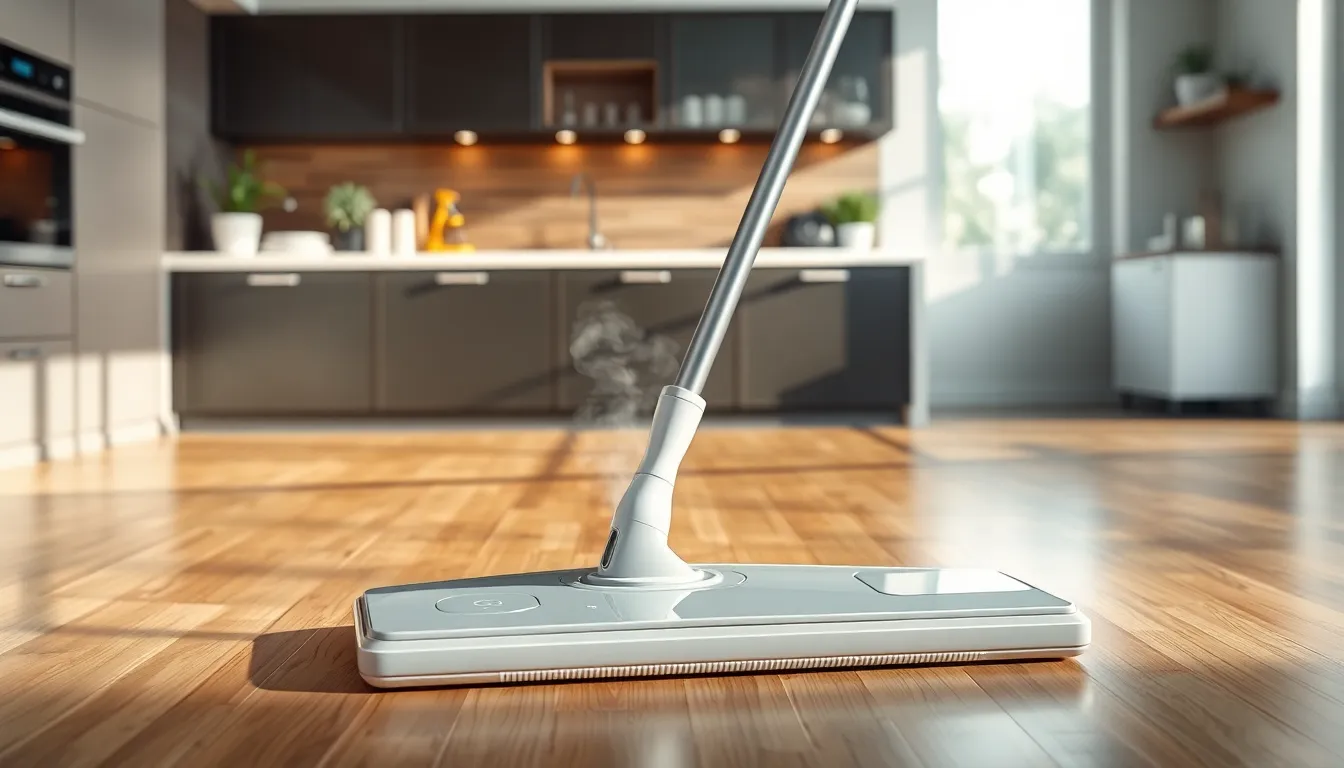 a smart living steam mop in a stylish modern kitchen.