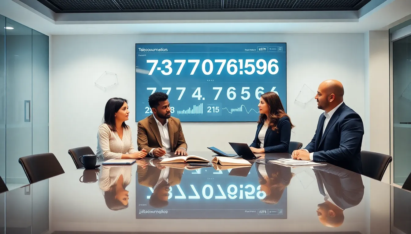 team discussing telecommunications in a modern office setting.