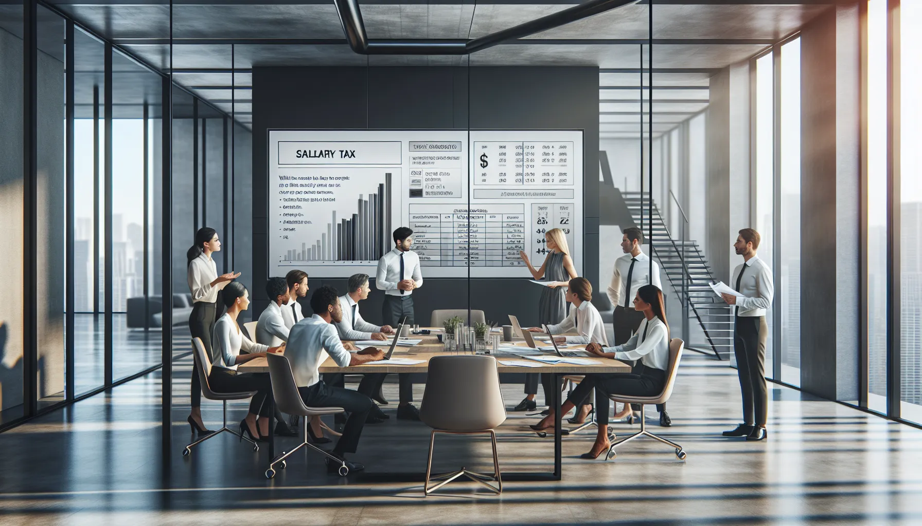 professionals discussing salary tax in a modern office