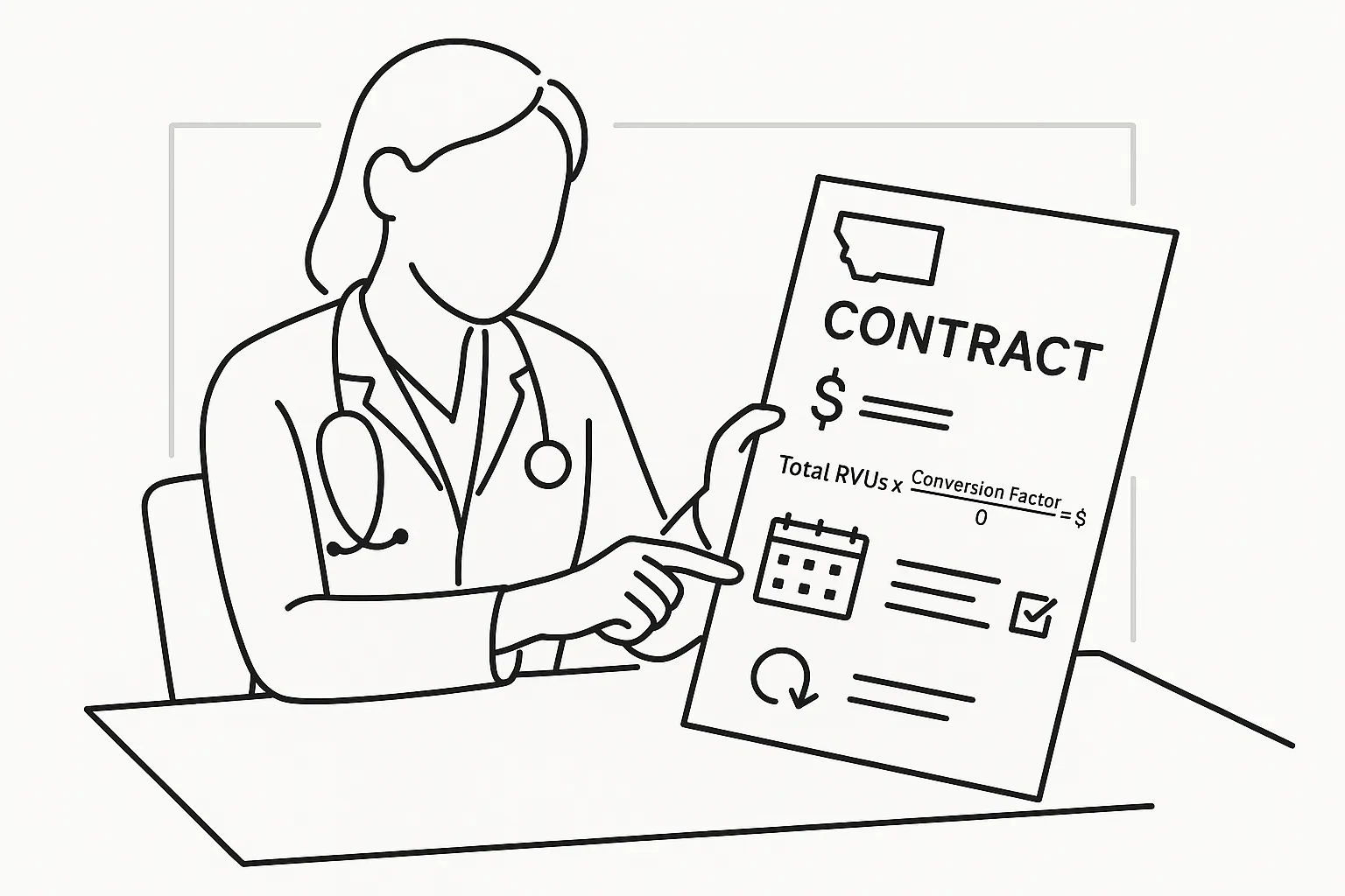 Physician assistant reviewing a contract with pay icons and a Montana outline.