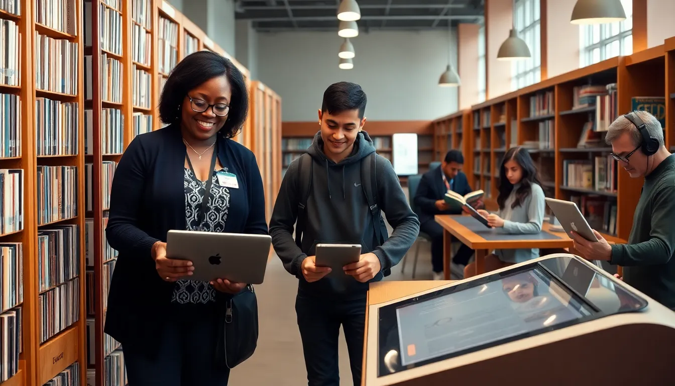 Librarian helping a young man at a laptop in a busy public library