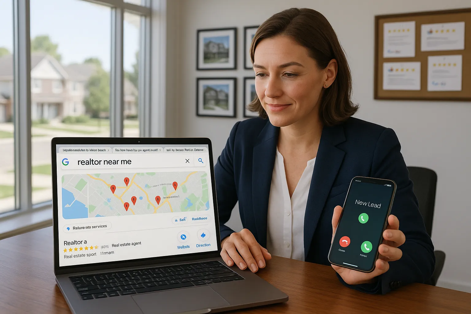 Real estate agent reviews local SEO results with map listings and new lead calls.