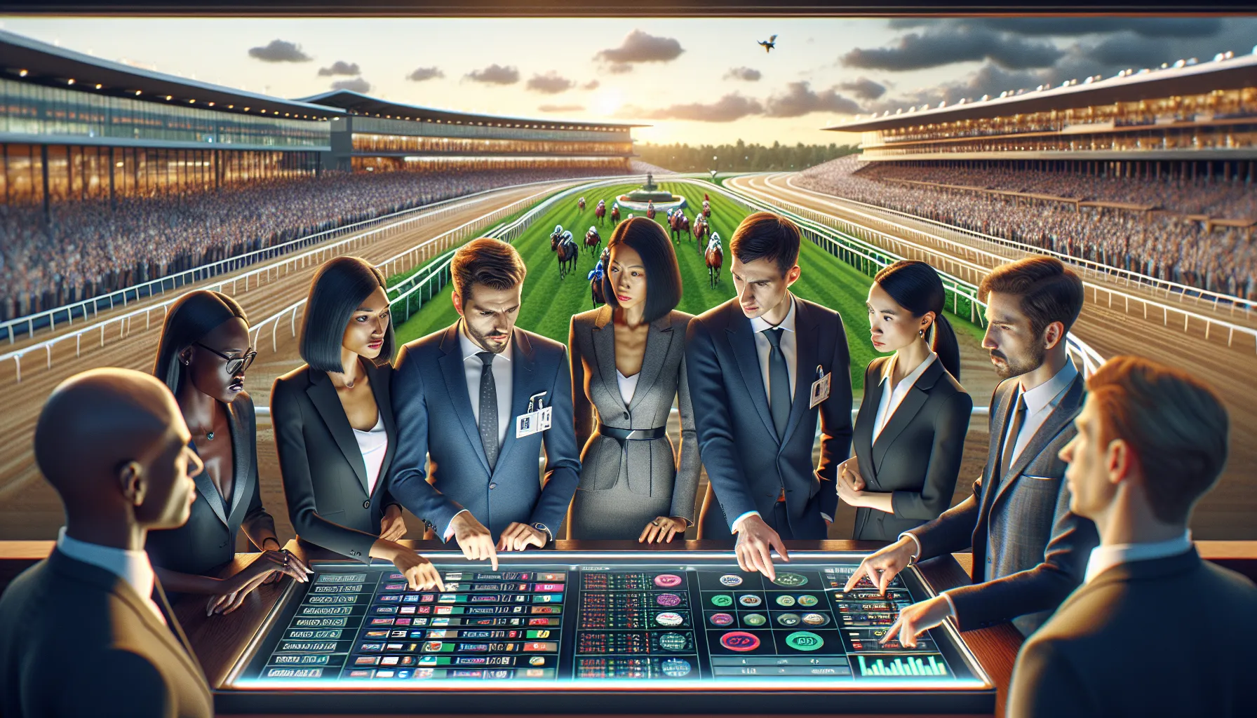 trainers analyzing horse race results in a modern setting.