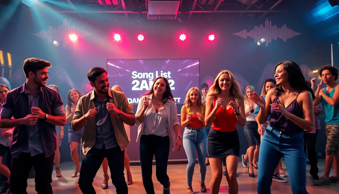diverse group dancing at a lively dance party.