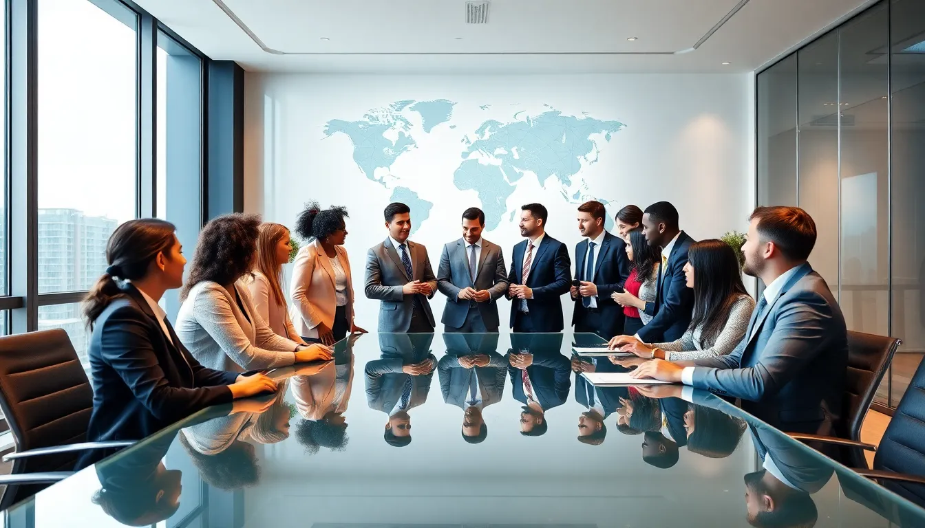 diverse professionals discussing global public affairs in a modern office.