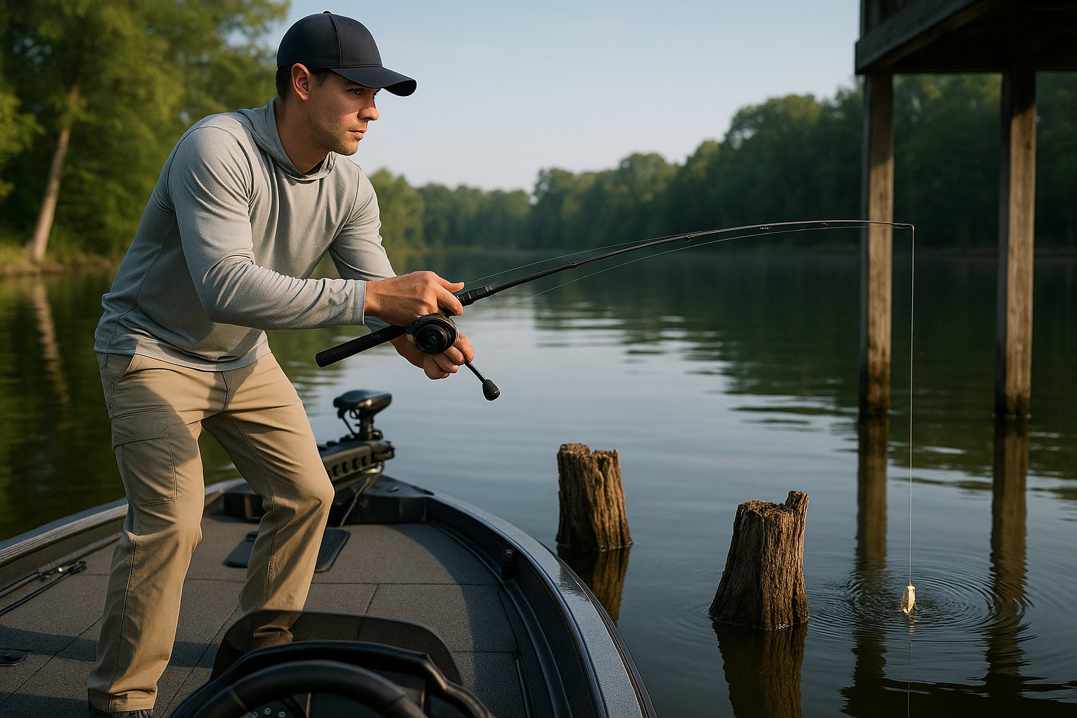Angler making a precise baitcaster cast beside stump cover from a bass boat.