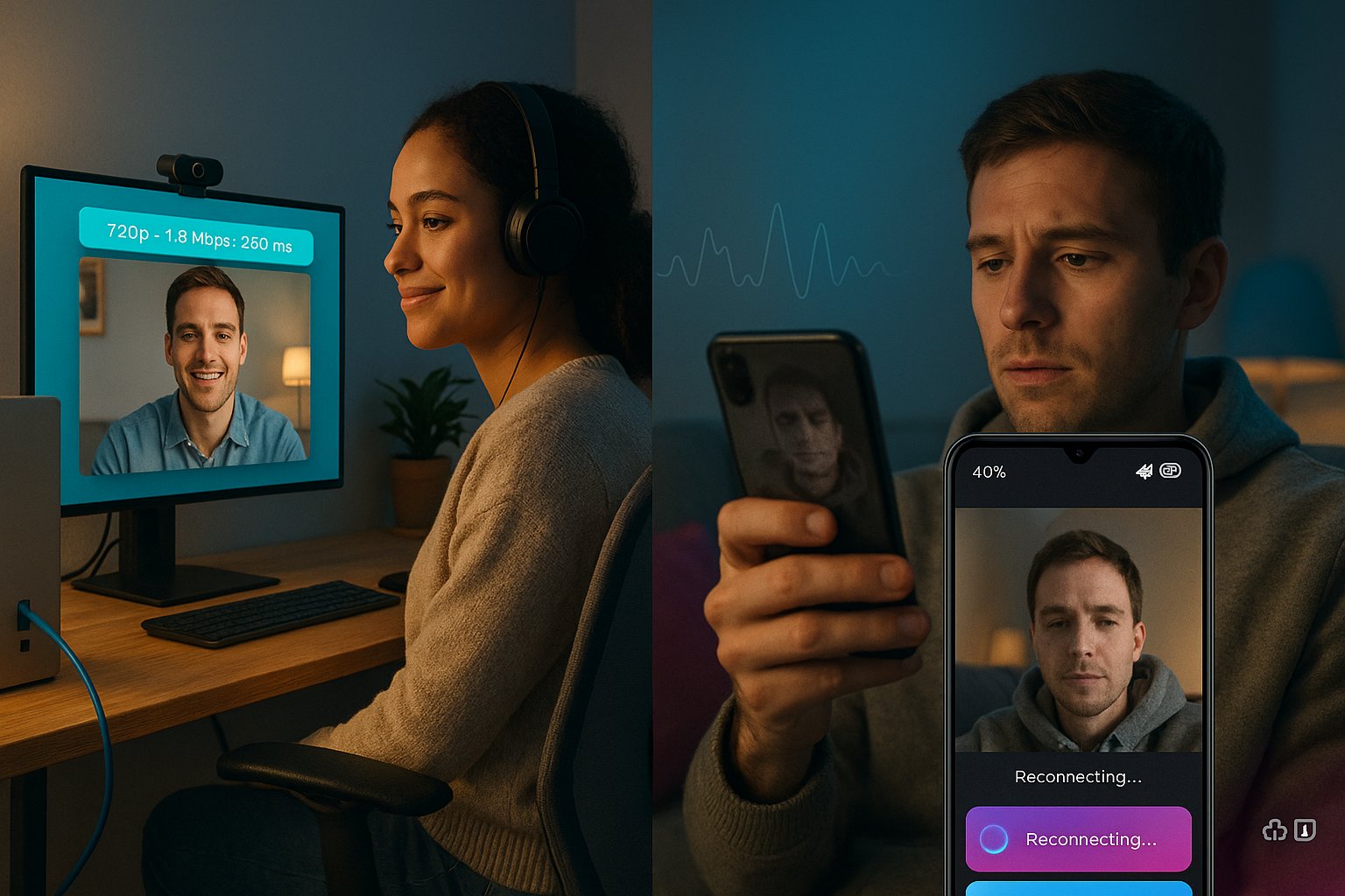 Desktop user on stable wired Chatspin call and mobile user with reconnecting stream.