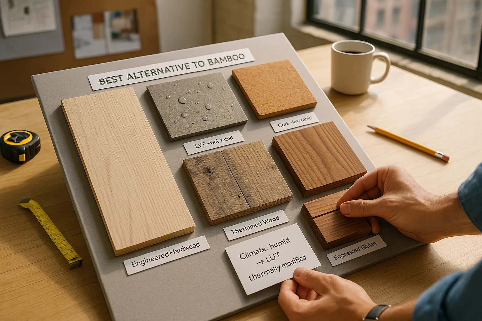 design sample board with wood, LVT, cork, hemp, thermally modified wood samples