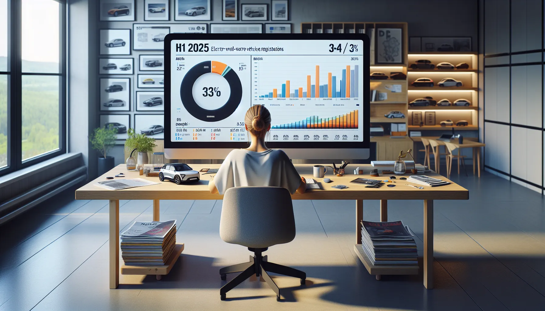Norwegian analyst studies 2025 ev sales dashboard as car transporter unloads outside.