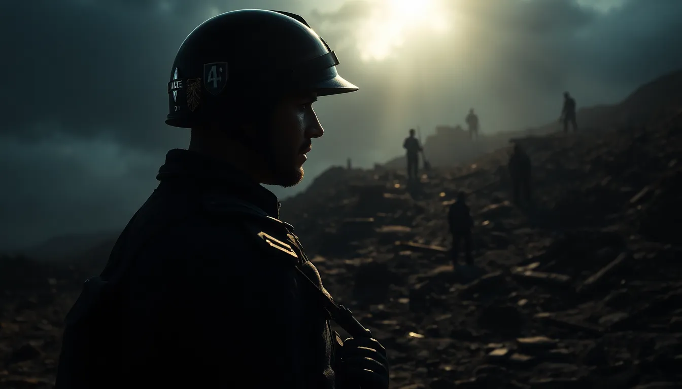 soldier on a dark battlefield with dramatic lighting and shadows.