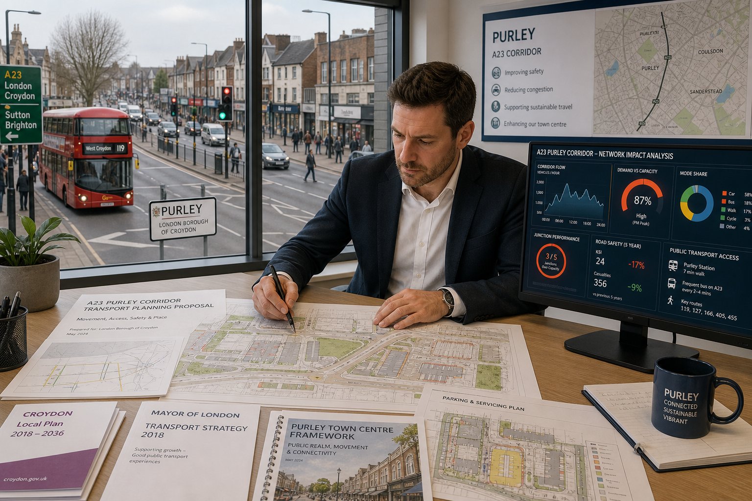Traffic engineer reviewing Purley transport plans in a modern office.