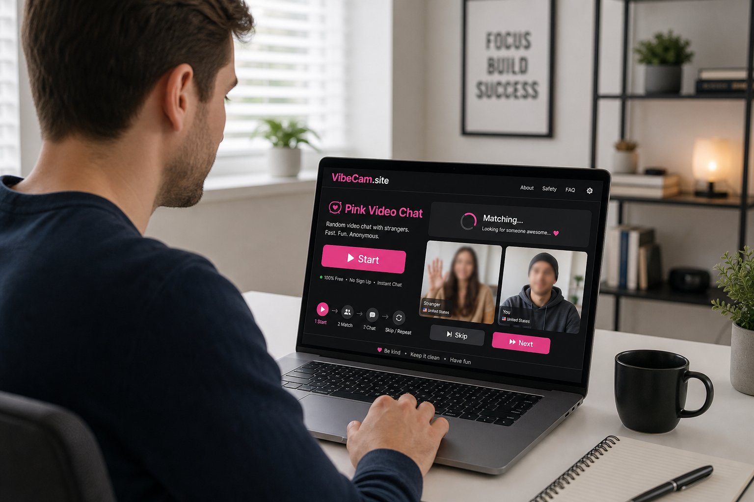 Professional using laptop to start and skip random video chat on VibeCam.site.