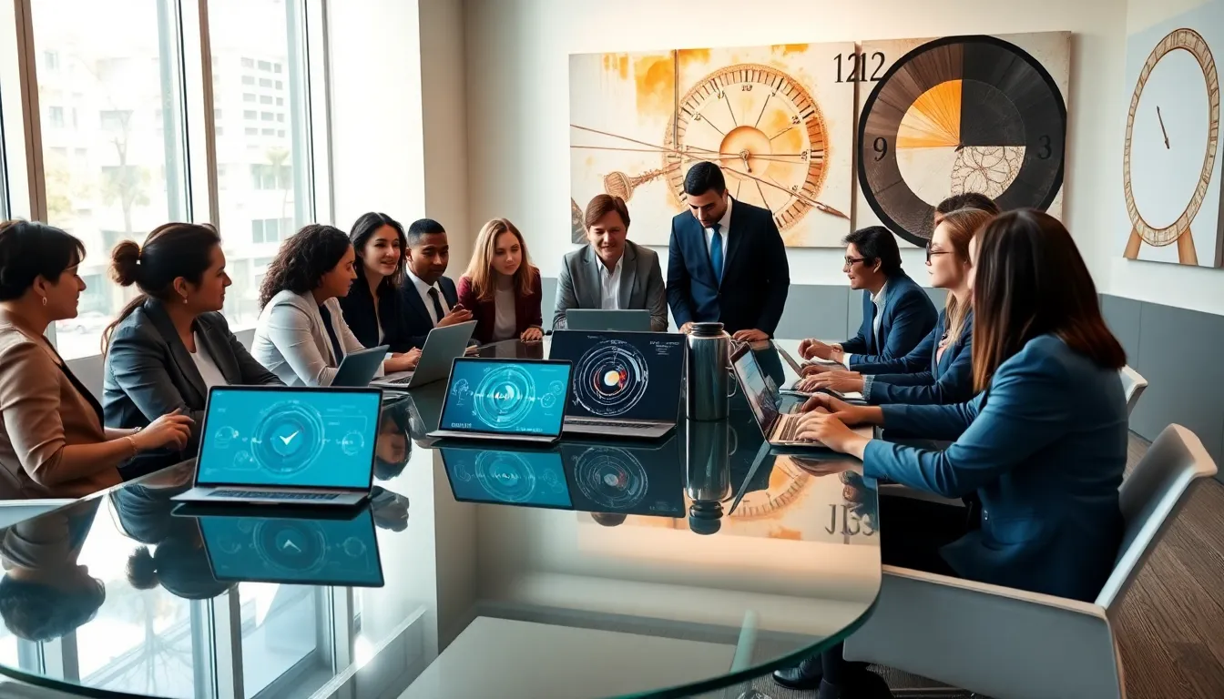 diverse professionals discussing ficulitotemporal concepts in a modern conference room.